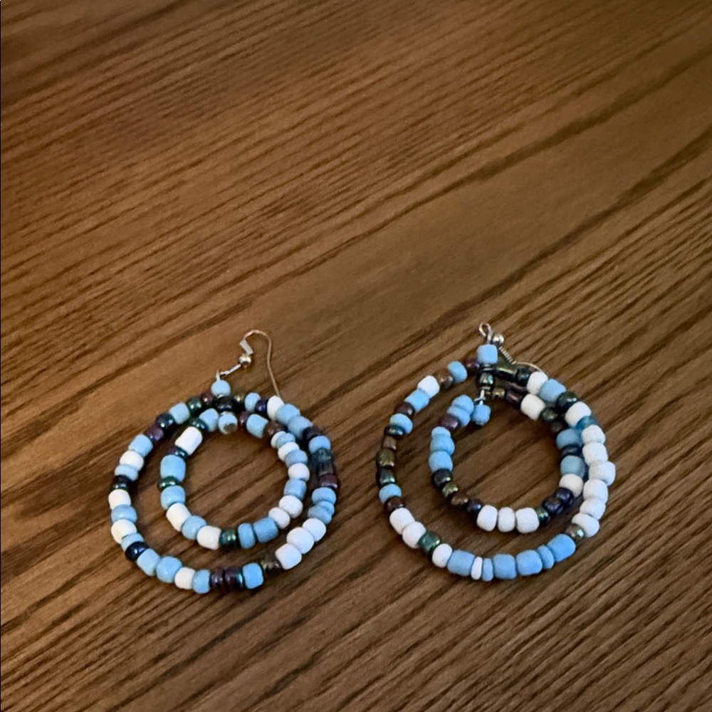 Blue and White Beaded Hoop Earrings